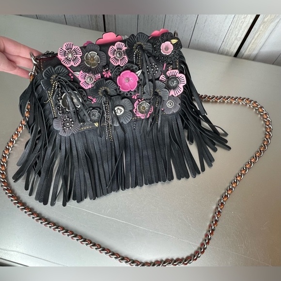 Coach Tea Rose Fringe Dinky Shoulder Bag Limited Edition Black & Bright Pink - Picture 2 of 7